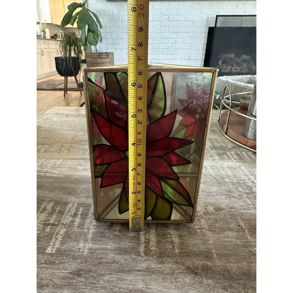 Vintage Stained Glass Poinsettia Mirrored Candle Holder Christmas Holiday
